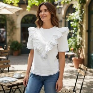 Saylor Anthropologie White Ruffle Sleeve Nautical Harriette Denim‎ Top Sz Medium